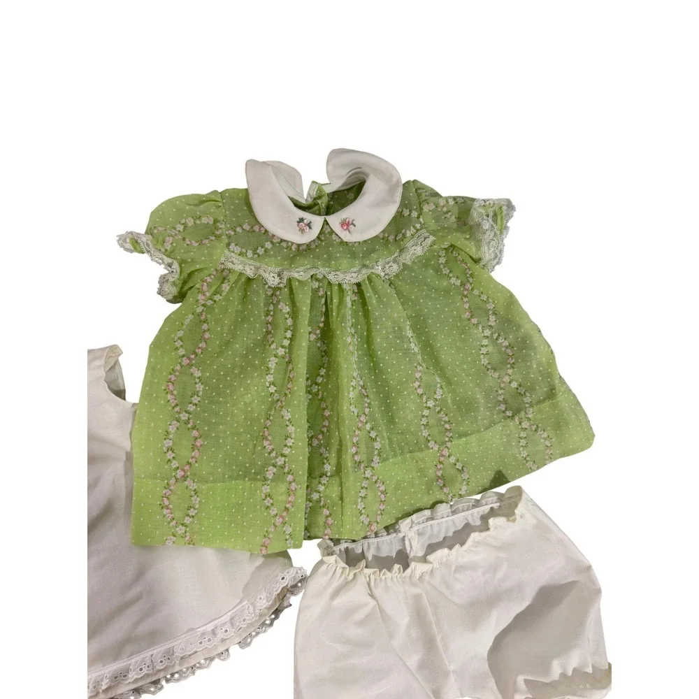 Handmade Baby Doll Outfit‎ Green Swiss Dot Floral Dress Slip Bloomers 3pc Set